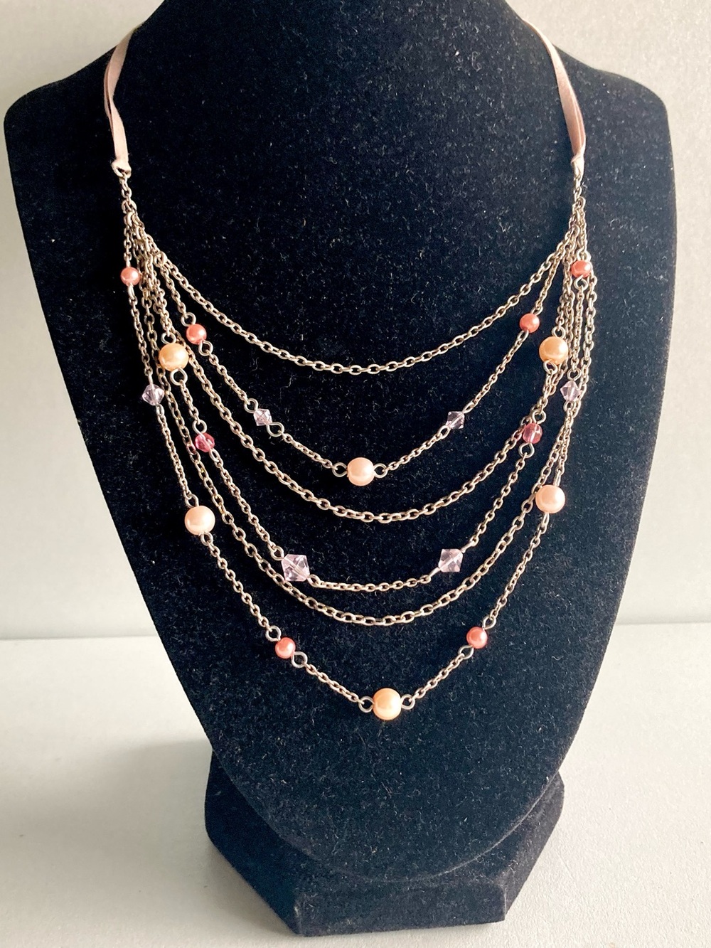 NY Multi-Strand multi color Beaded silver tone Chain preloved Necklace